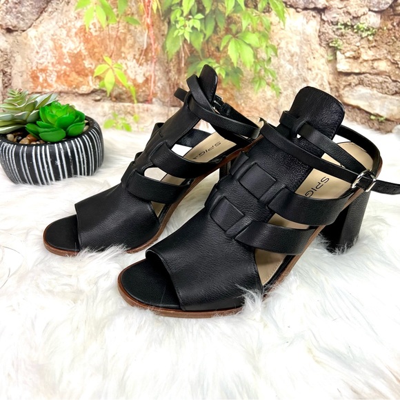 VIA SPIGA Black Leather Brandina Block Heel Sandals, 8.5 - Picture 1 of 10